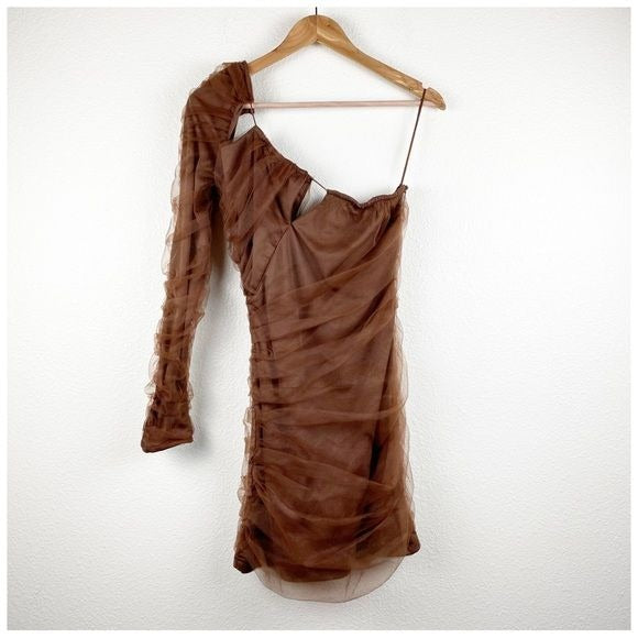 NWT Brown Tulle One Shoulder Dress Size Small