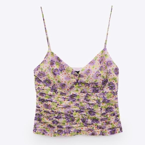 Floral Ruched Spaghetti Strap Tank Top Size Small