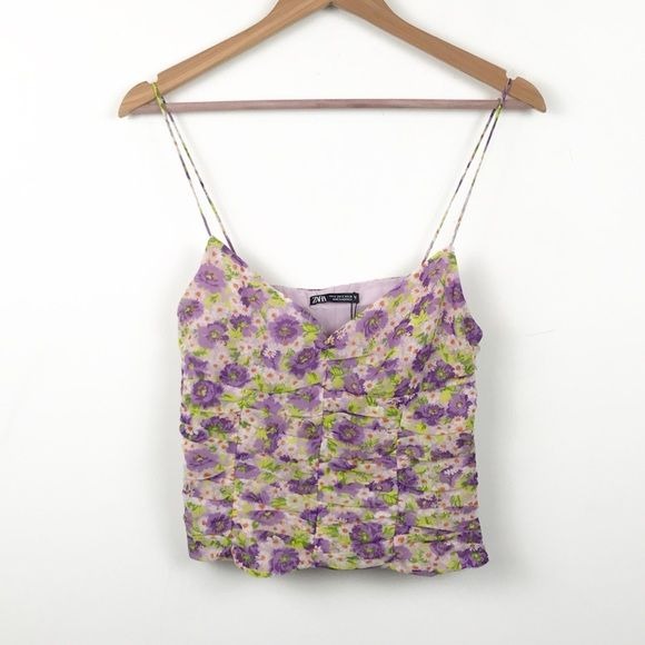 Floral Ruched Spaghetti Strap Tank Top Size Small