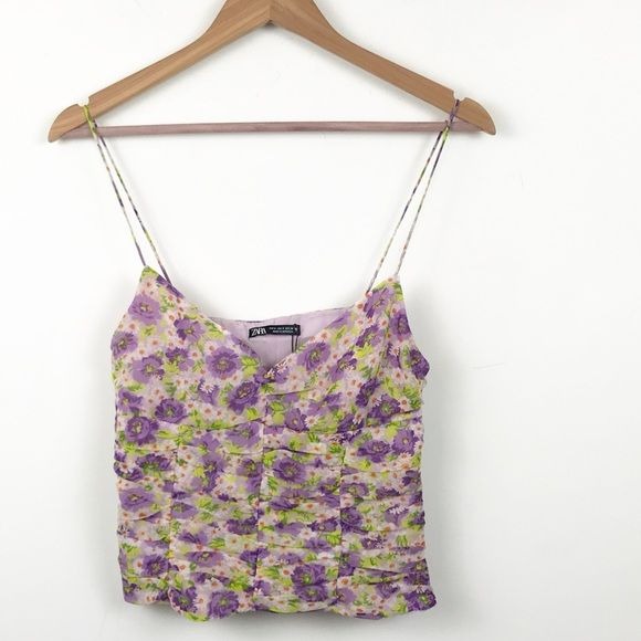 Floral Ruched Spaghetti Strap Tank Top Size Small