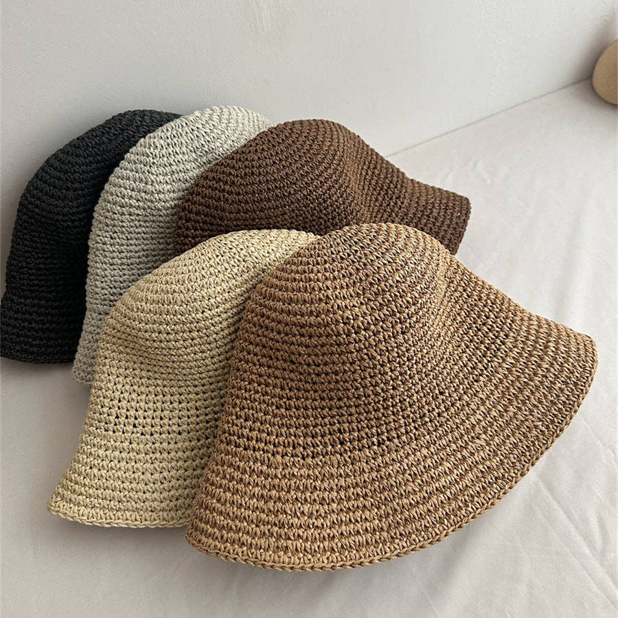 Minimalist Foldable Raffia Straw Bucket Hat in Coffee