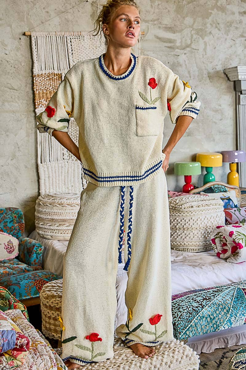 3D Embroidered Balloon Sleeve Relaxed Fit Chenille Sweater