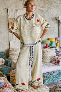 3D Embroidered Balloon Sleeve Relaxed Fit Chenille Sweater