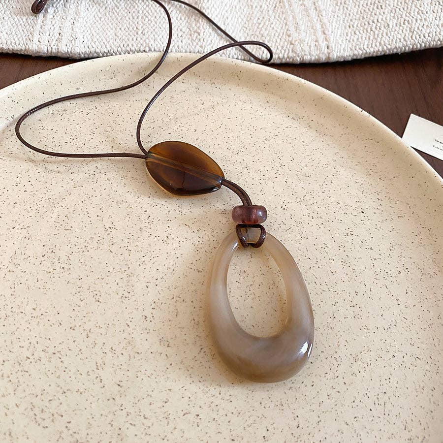 Vintage Geometric Resin Pendant Beaded Braided Necklace in Coffee