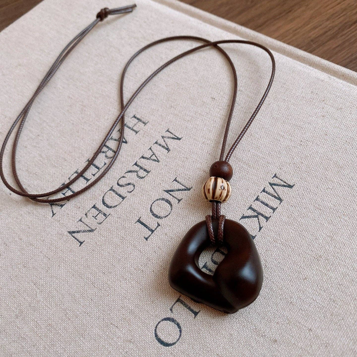 Vintage Geometric Resin Pendant Beaded Braided Necklace in Dark Brown