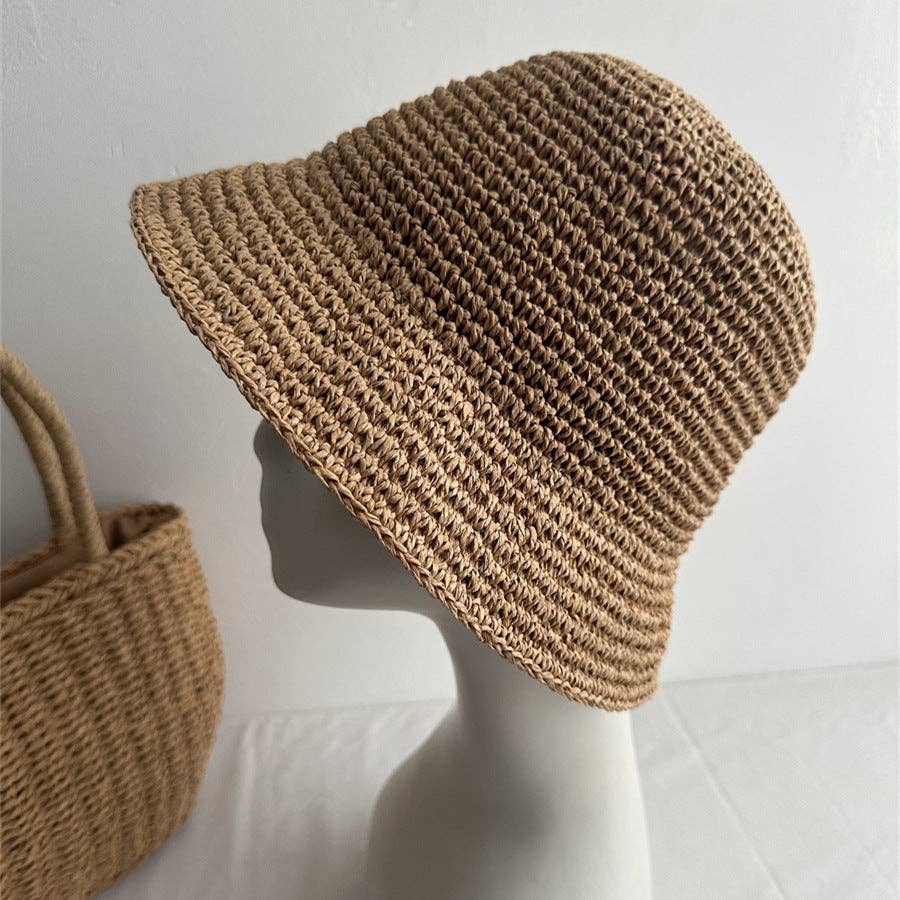 Minimalist Foldable Raffia Straw Bucket Hat in Khaki