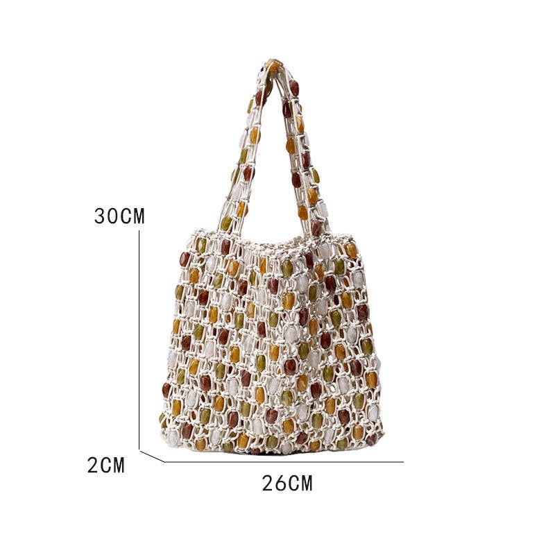 Vintage Handmade Beaded Woven Shoulder Bag Beige-Small