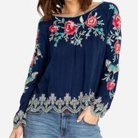 Embroidered Floral Reena Top in Navy