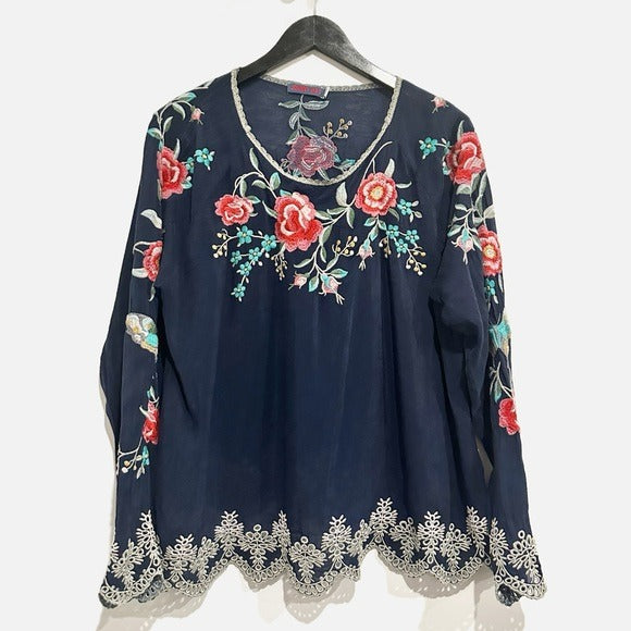 Embroidered Floral Reena Top in Navy