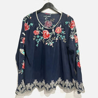 Embroidered Floral Reena Top in Navy