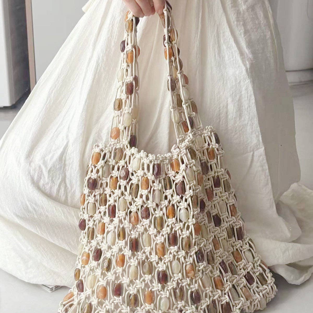 Vintage Handmade Beaded Woven Shoulder Bag Beige-Small