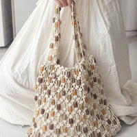 Vintage Handmade Beaded Woven Shoulder Bag Beige-Small