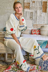 3D Embroidered Balloon Sleeve Relaxed Fit Chenille Sweater