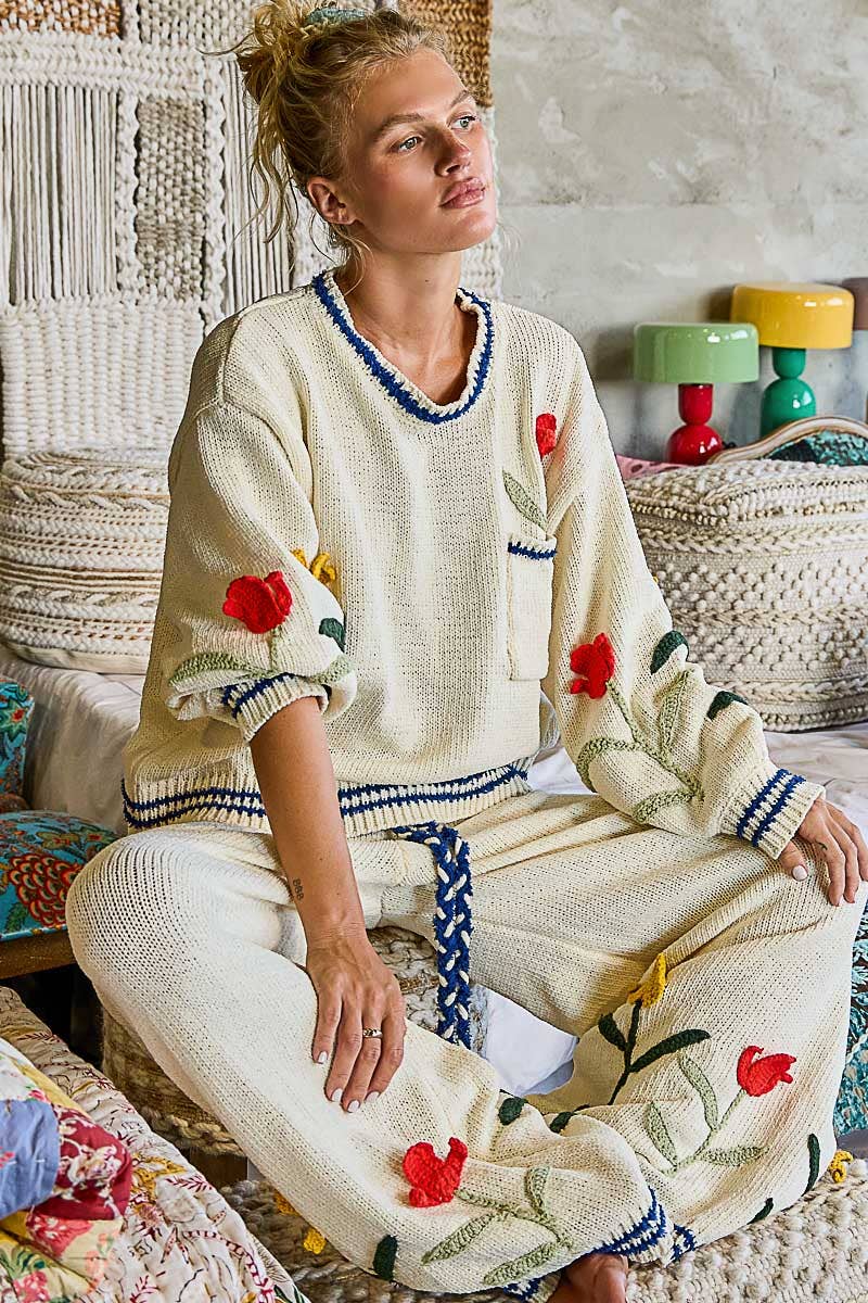 3D Embroidered Balloon Sleeve Relaxed Fit Chenille Sweater