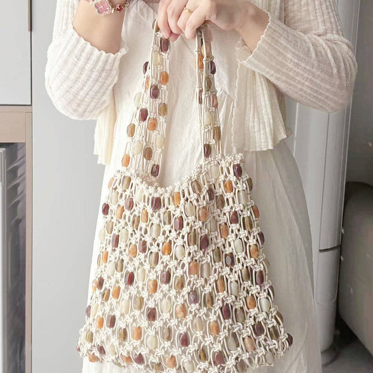 Vintage Handmade Beaded Woven Shoulder Bag Beige-Small