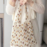 Vintage Handmade Beaded Woven Shoulder Bag Beige-Small