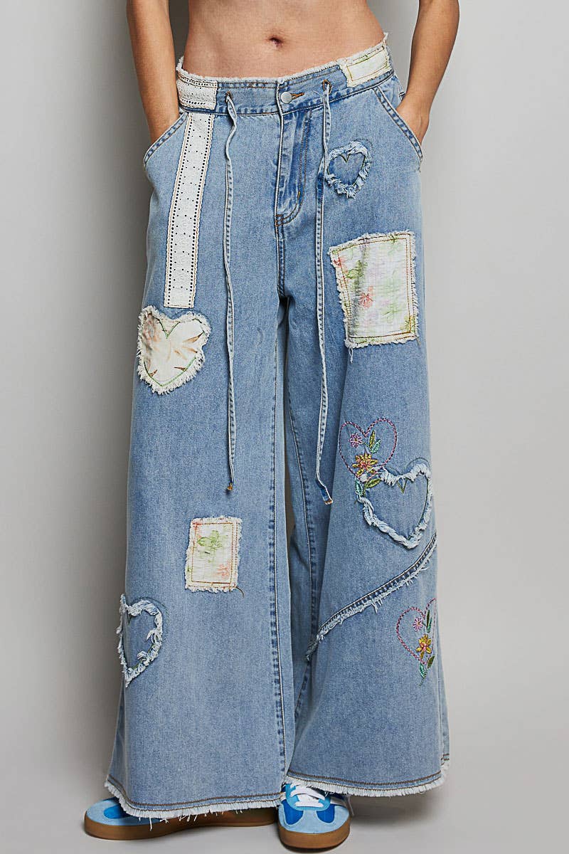 Heart Floral Print Patch Wide Denim Pants