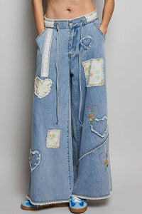 Heart Floral Print Patch Wide Denim Pants