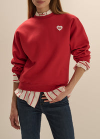 The Embroidered Favorite Daughter Heart Sweatshirt in Cherry/White