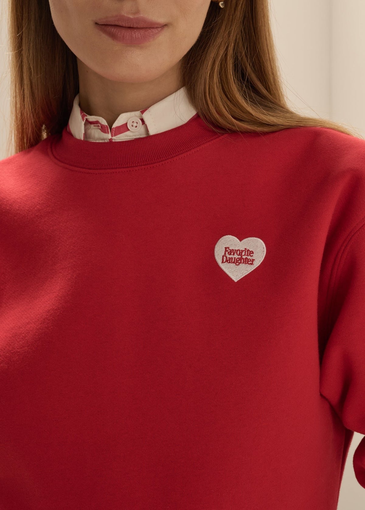 The Embroidered Favorite Daughter Heart Sweatshirt in Cherry/White