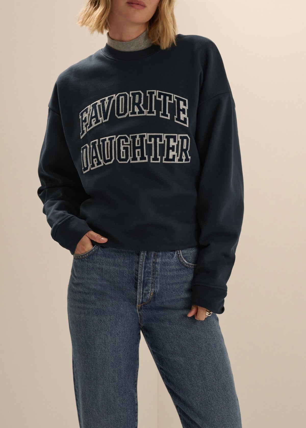 The Embroidery Collegiate Sweatshirt in Navy/White