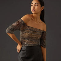 Shirred Animal Print Mesh Top Size Small