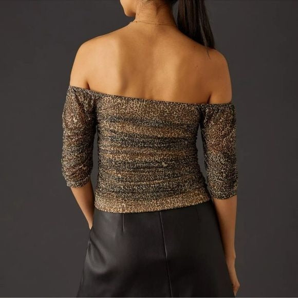 Shirred Animal Print Mesh Top Size Small