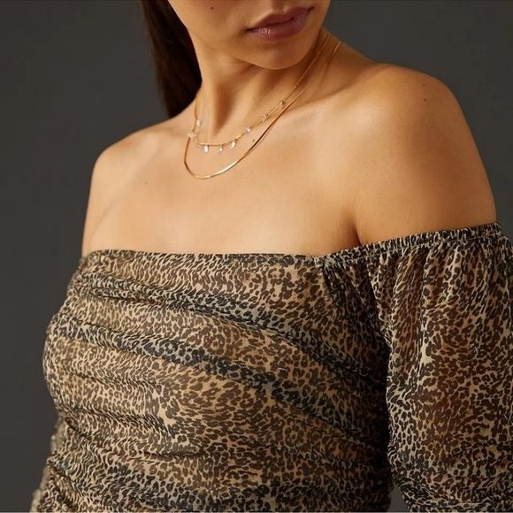 Shirred Animal Print Mesh Top Size Small