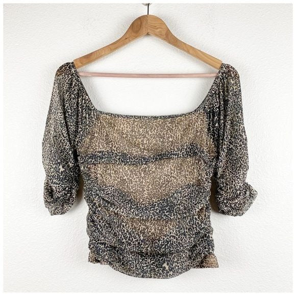 Shirred Animal Print Mesh Top Size Small