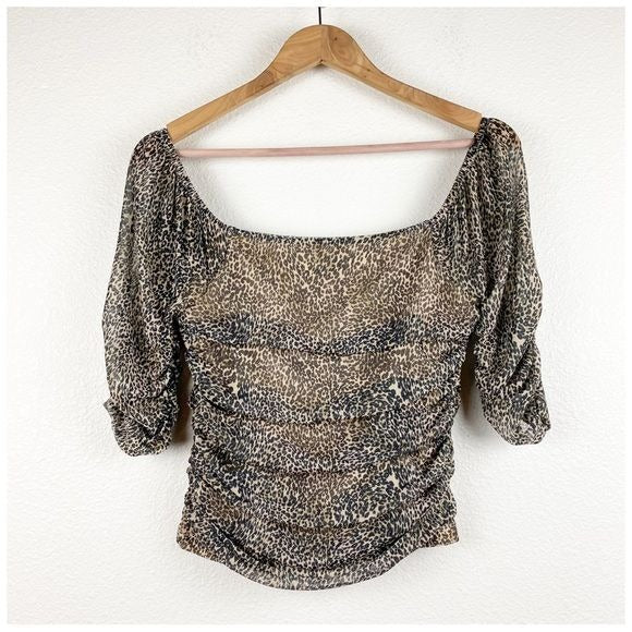 Shirred Animal Print Mesh Top Size Small