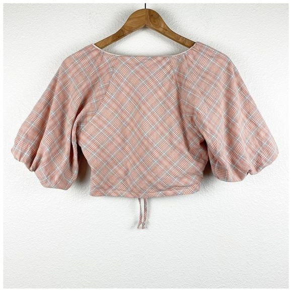 Orange Plaid Puff Sleeve Crop Top Size XS