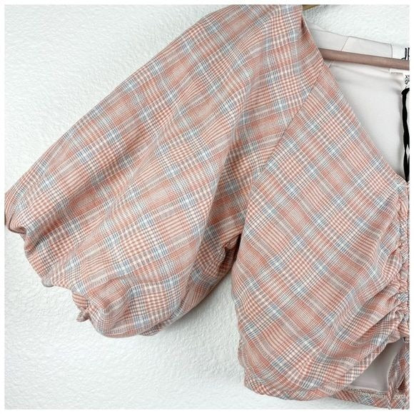 Orange Plaid Puff Sleeve Crop Top Size XS
