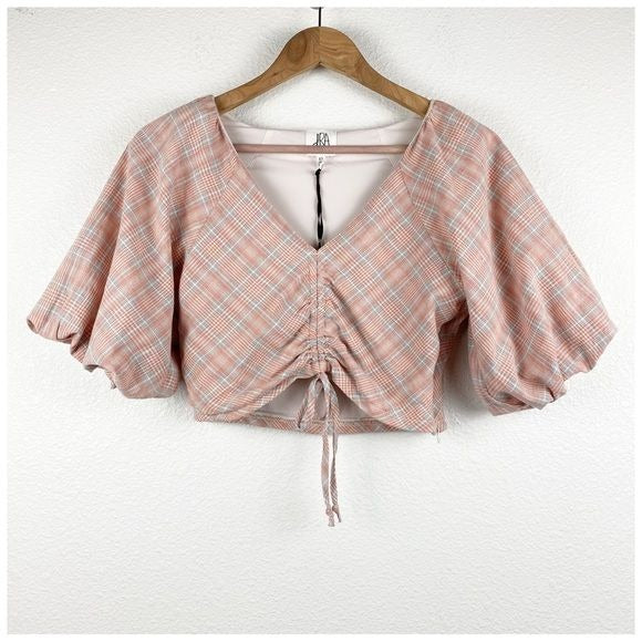 Orange Plaid Puff Sleeve Crop Top Size XS
