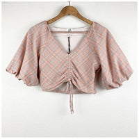 Orange Plaid Puff Sleeve Crop Top Size XS