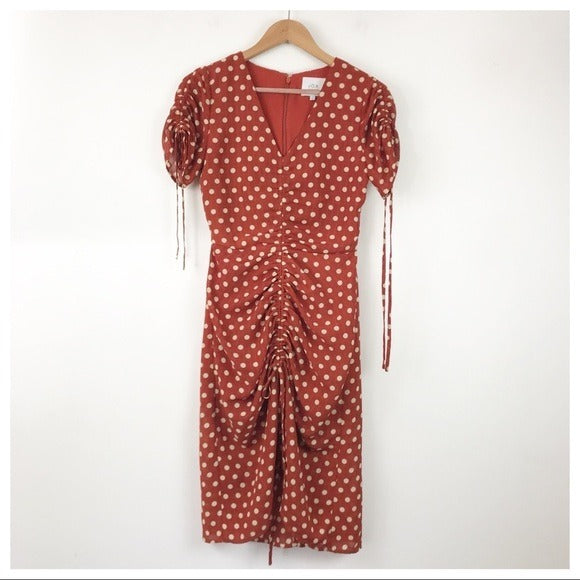 Polka Dot Ruched Midi Dress - XS