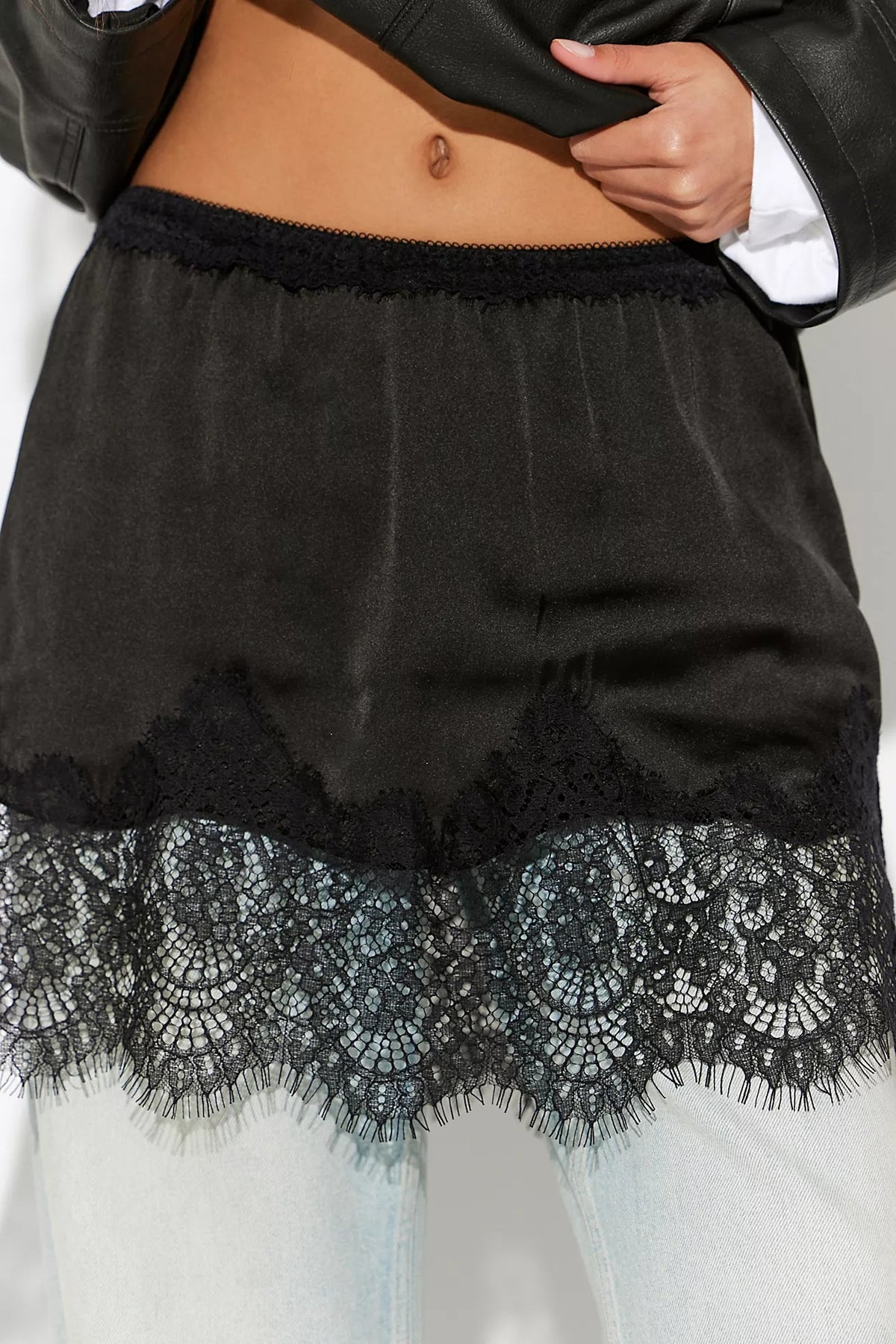 Meet Me In The Middle Mini Slip Skirt in Black