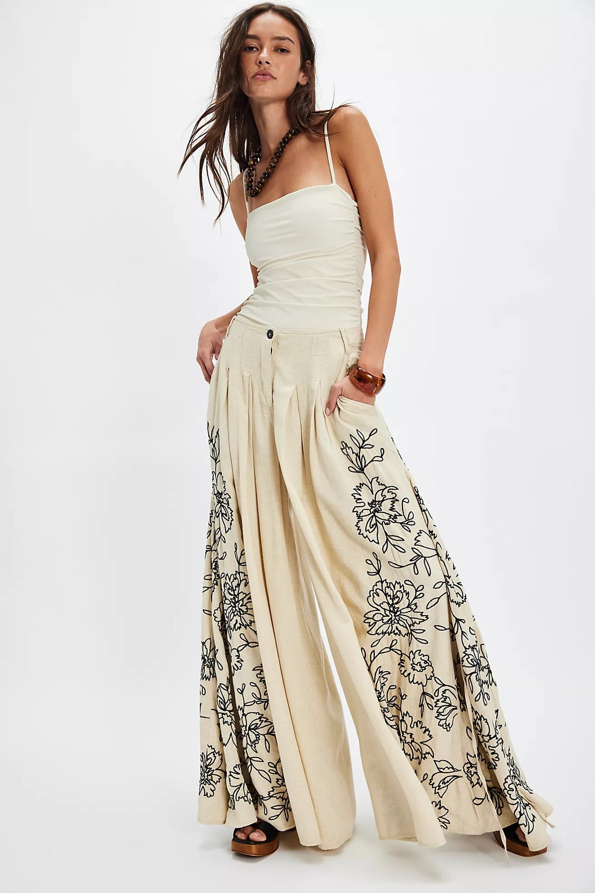 What You Know Embroidered Wide Leg Pants in Sand