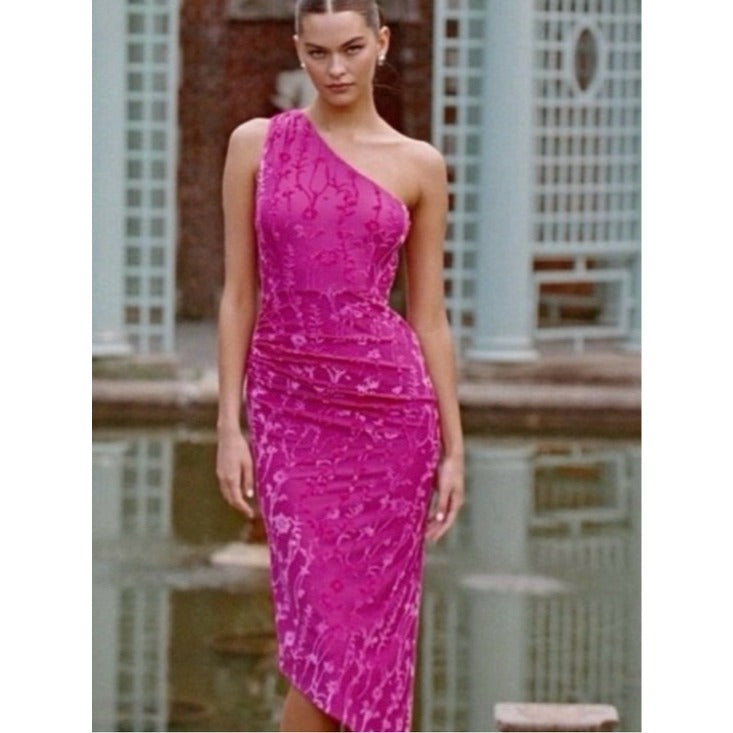 Monty One Shoulder Pink Velvet Burnout Midi Dress - Medium