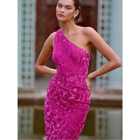 Monty One Shoulder Pink Velvet Burnout Midi Dress - Medium