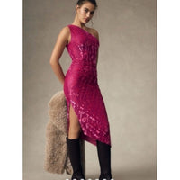 Monty One Shoulder Pink Velvet Burnout Midi Dress - Medium