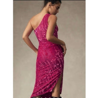 Monty One Shoulder Pink Velvet Burnout Midi Dress - Medium