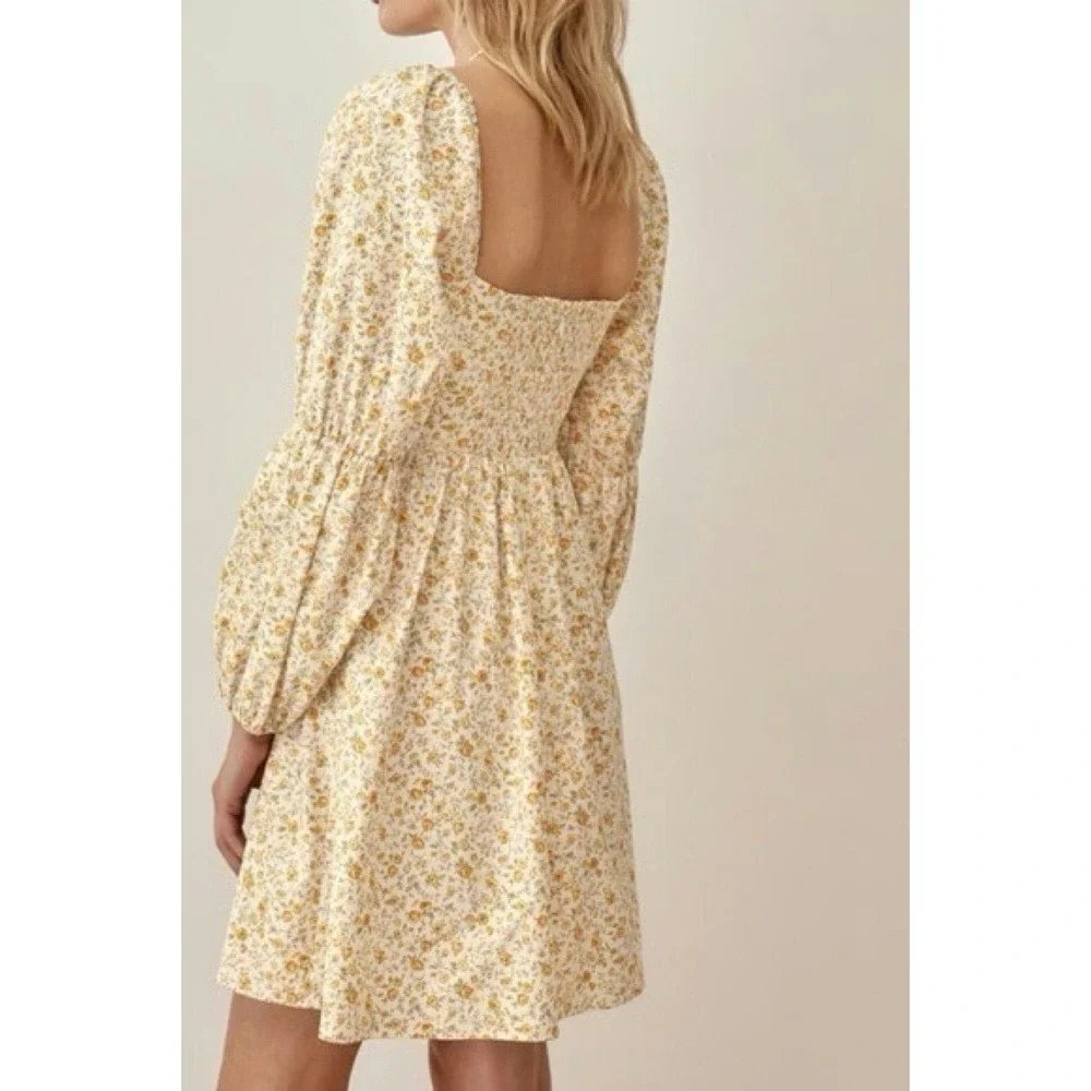 Michaela Floral Long Sleeve Mini Dress Lima Yellow - 12
