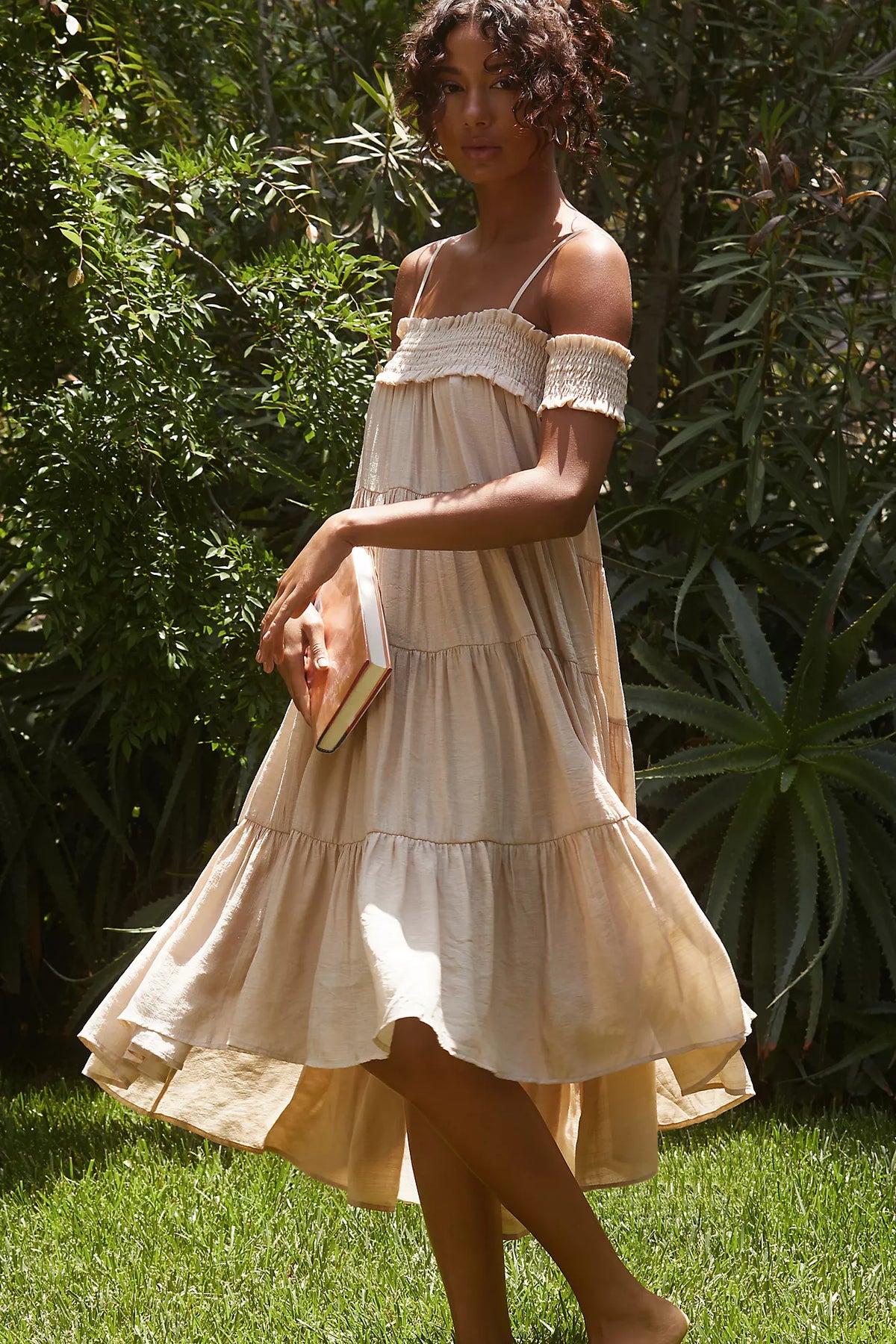 Sarah Hann Smocked Off-The-Shoulder Tiered Dress - Medium