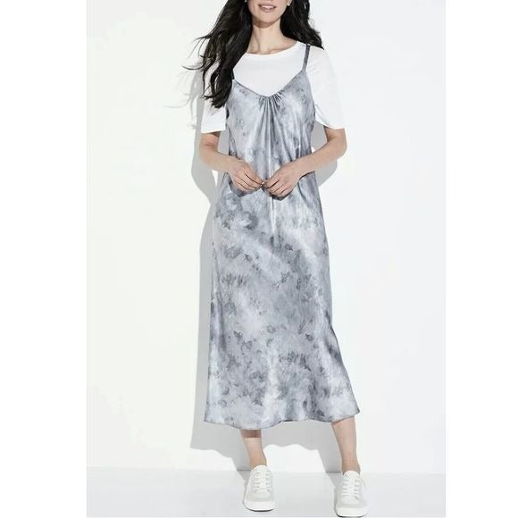Watercolor Marble Silk-Satin Cami Midi Dress