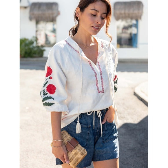 Palermo Embroidered Linen Blouse in Crème - XS