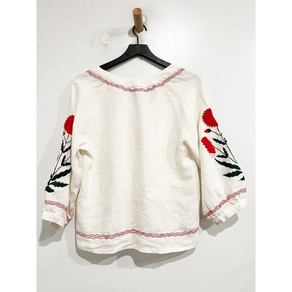 Palermo Embroidered Linen Blouse in Crème - XS