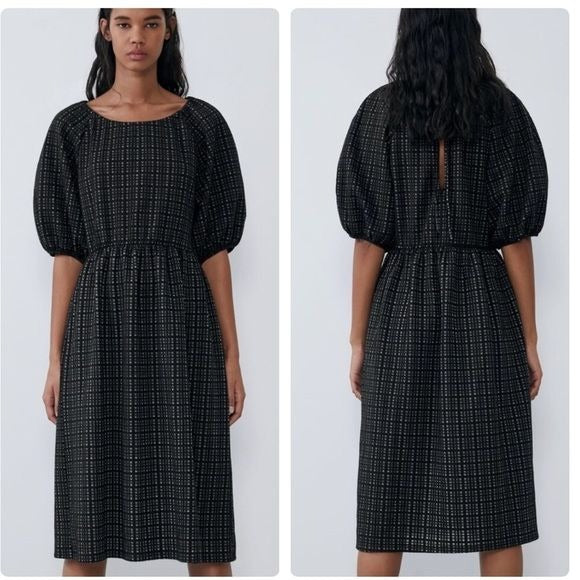 Black and White Textured Puff Sleeve Dress Size Small